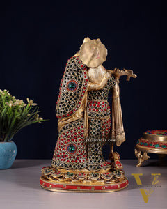 Pure Brass Radha Krishna Idol with Jewels Stonework 10.5"