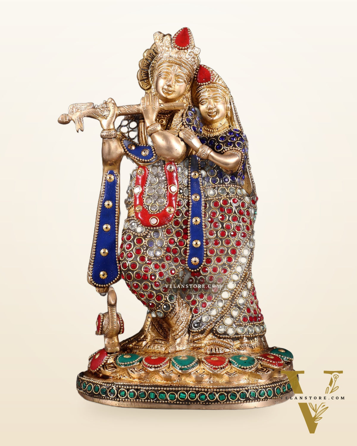 Pure Brass Radha Krishna Idol with Jewels Stonework 10.5"
