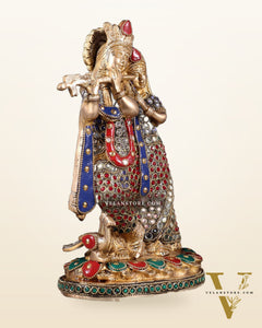 Pure Brass Radha Krishna Idol with Jewels Stonework 10.5"