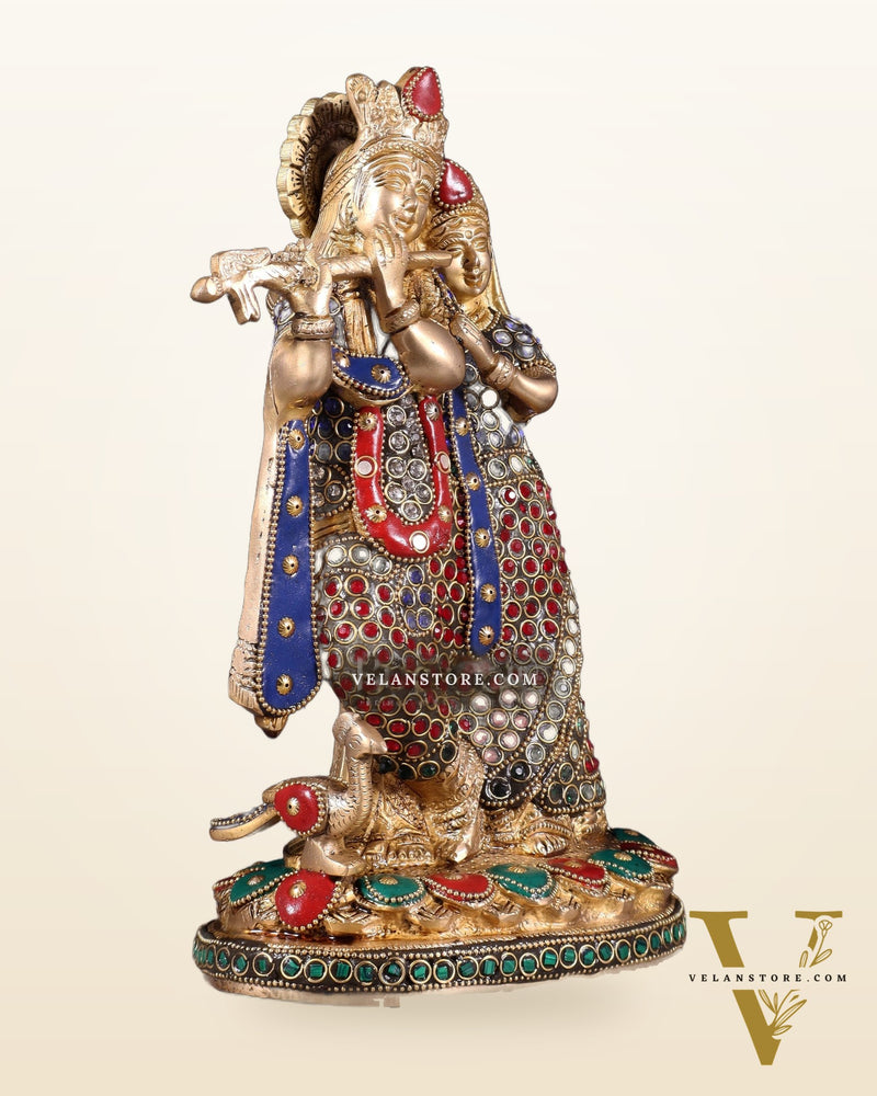 Pure Brass Radha Krishna Idol with Jewels Stonework 10.5"