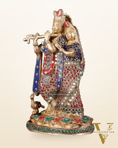 Pure Brass Radha Krishna Idol with Jewels Stonework 10.5"