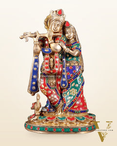 Pure Brass Radha Krishna Idol with Meenakari Stonework 10.5"