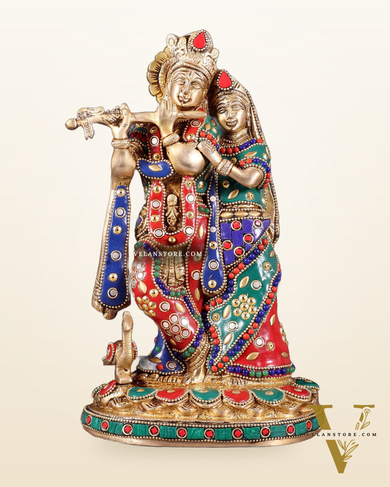 Pure Brass Radha Krishna Idol with Meenakari Stonework 10.5"
