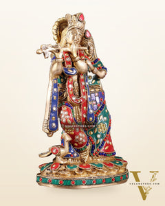 Pure Brass Radha Krishna Idol with Meenakari Stonework 10.5"