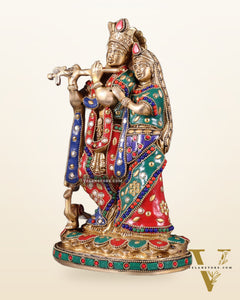 Pure Brass Radha Krishna Idol with Meenakari Stonework 10.5"