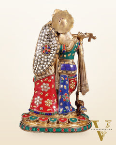 Pure Brass Radha Krishna Idol with Meenakari Stonework 10.5"