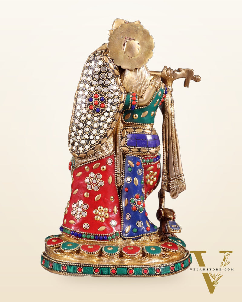 Pure Brass Radha Krishna Idol with Meenakari Stonework 10.5"