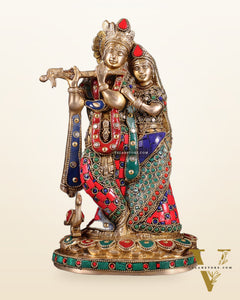 Pure Brass Radha Krishna Idol with Meenakari Stonework 10.5"