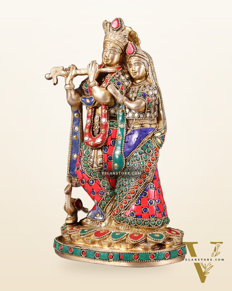 Pure Brass Radha Krishna Idol with Meenakari Stonework 10.5"