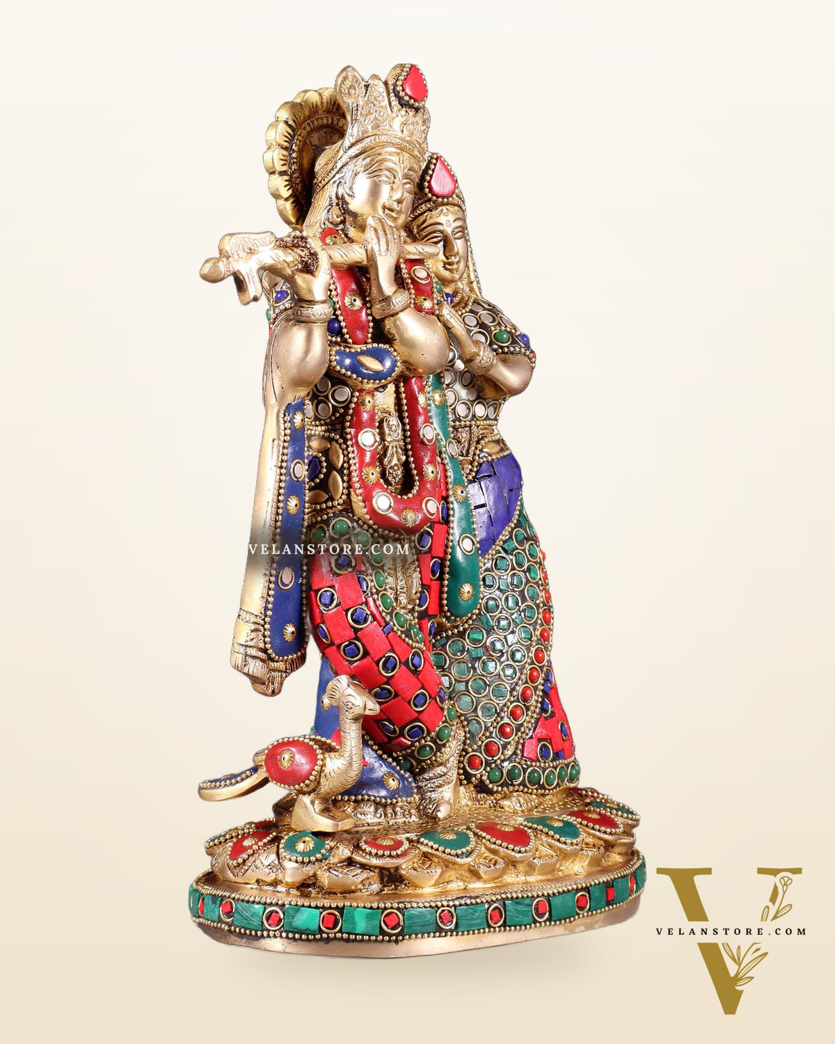 Pure Brass Radha Krishna Idol with Meenakari Stonework 10.5"