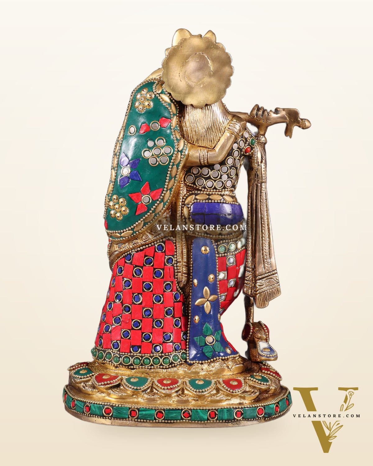 Pure Brass Radha Krishna Idol with Meenakari Stonework 10.5"