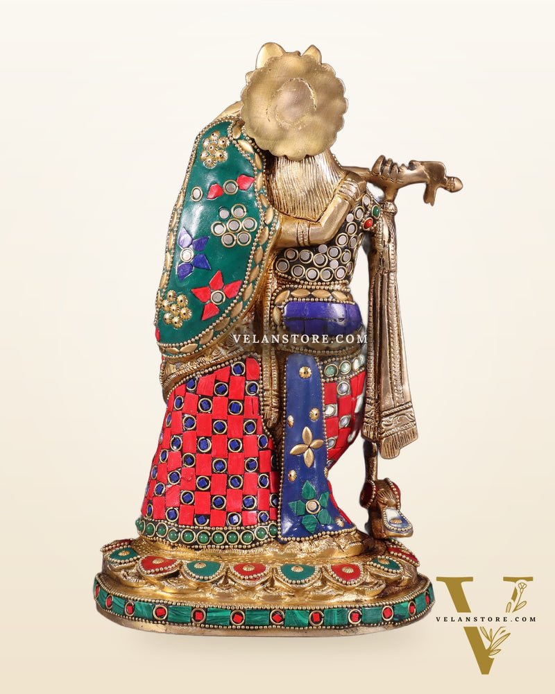 Pure Brass Radha Krishna Idol with Meenakari Stonework 10.5"