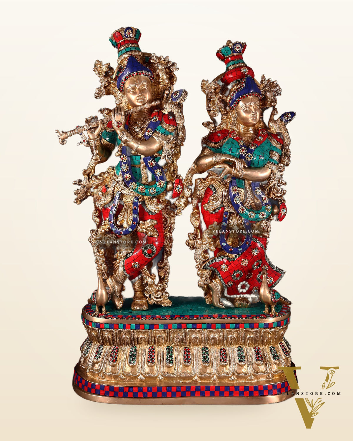 Pure Brass Radha Krishna Idol with Peacocks | Meenakari Stonework | 29 Inches