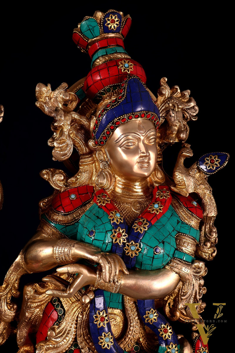 Pure Brass Radha Krishna Idol with Peacocks | Meenakari Stonework | 29 Inches