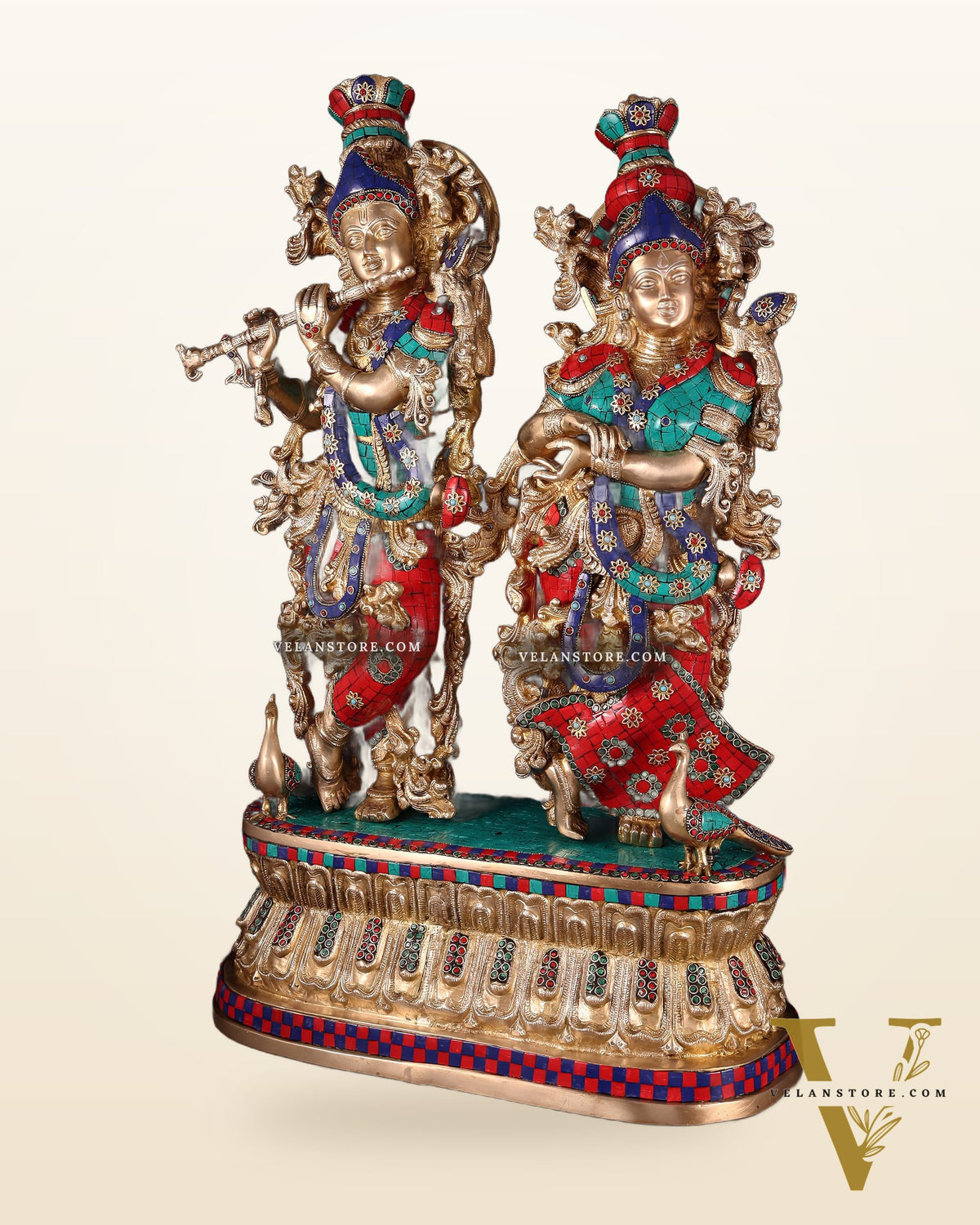 Pure Brass Radha Krishna Idol with Peacocks | Meenakari Stonework | 29 Inches