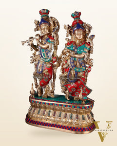Pure Brass Radha Krishna Idol with Peacocks | Meenakari Stonework | 29 Inches