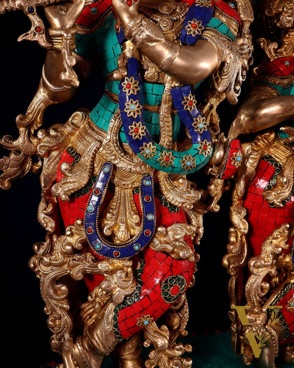 Pure Brass Radha Krishna Idol with Peacocks | Meenakari Stonework | 29 Inches