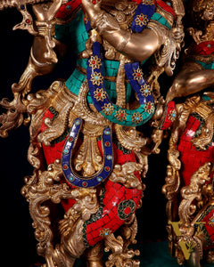 Pure Brass Radha Krishna Idol with Peacocks | Meenakari Stonework | 29 Inches