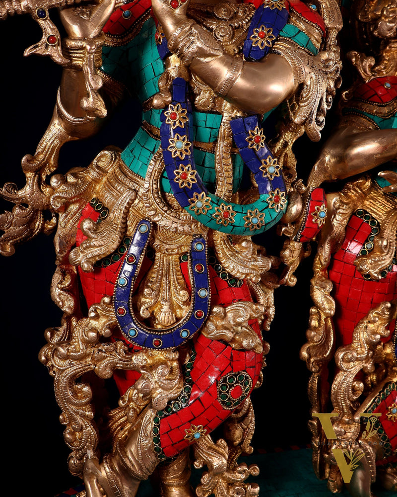 Pure Brass Radha Krishna Idol with Peacocks | Meenakari Stonework | 29 Inches