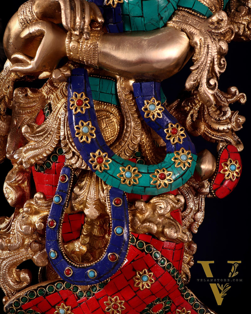 Pure Brass Radha Krishna Idol with Peacocks | Meenakari Stonework | 29 Inches