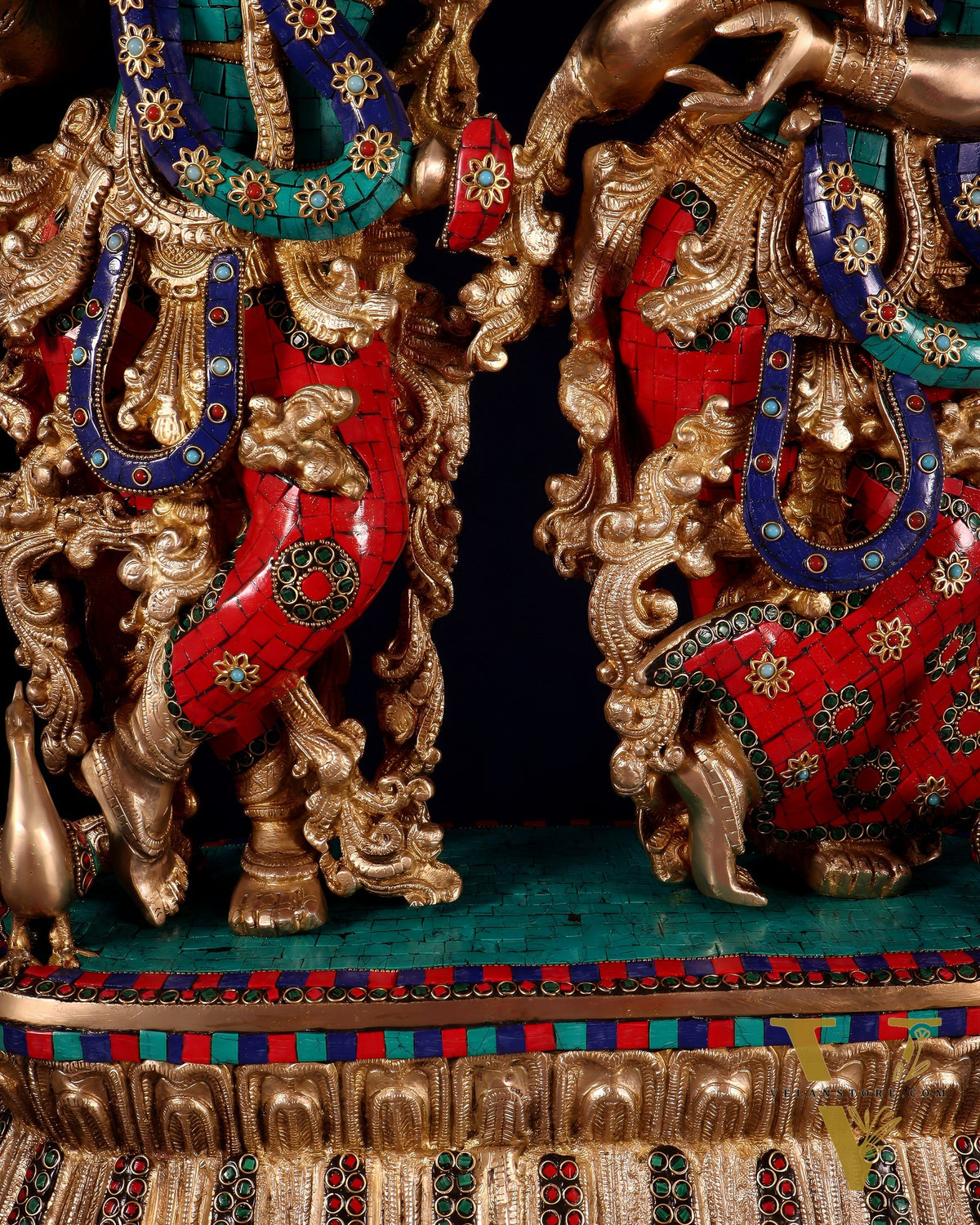 Pure Brass Radha Krishna Idol with Peacocks | Meenakari Stonework | 29 Inches