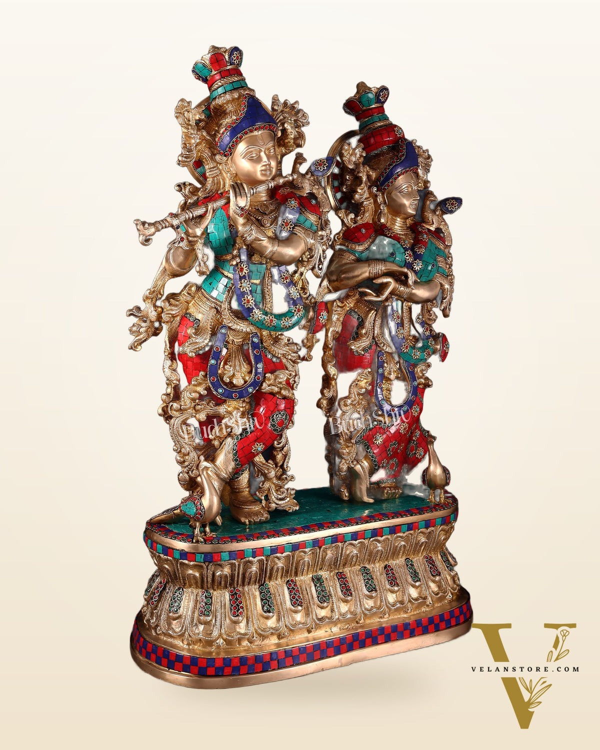 Pure Brass Radha Krishna Idol with Peacocks | Meenakari Stonework | 29 Inches