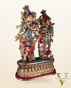 Pure Brass Radha Krishna Idol with Peacocks | Meenakari Stonework | 29 Inches