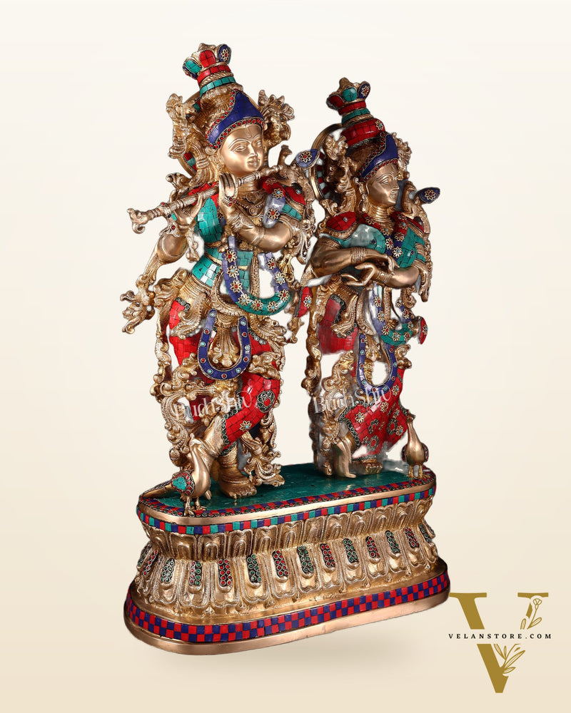 Pure Brass Radha Krishna Idol with Peacocks | Meenakari Stonework | 29 Inches