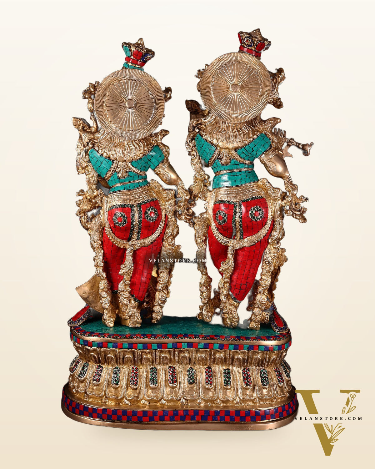 Pure Brass Radha Krishna Idol with Peacocks | Meenakari Stonework | 29 Inches