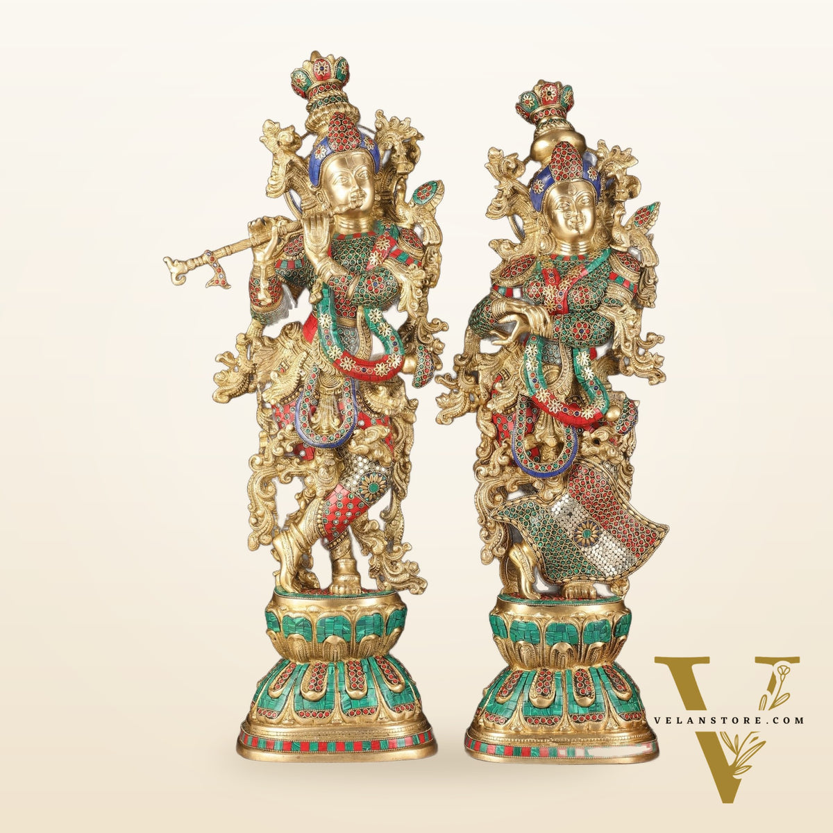 Pure Brass Radha Krishna Idols with Stonework | 30"