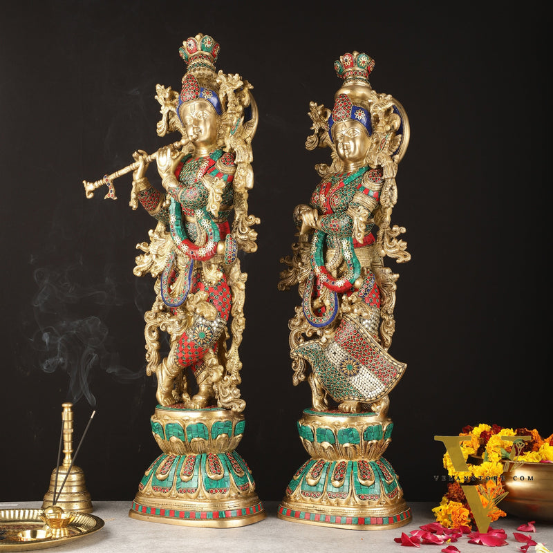 Pure Brass Radha Krishna Idols with Stonework | 30"