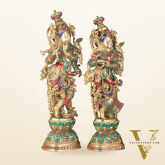 Pure Brass Radha Krishna Idols with Stonework | 30"