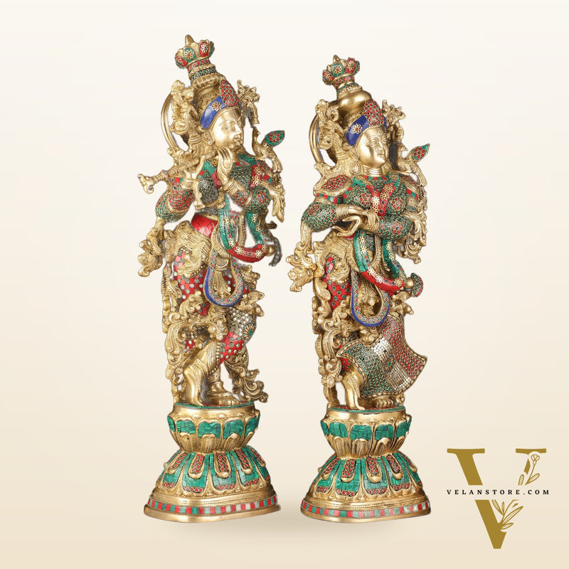 Pure Brass Radha Krishna Idols with Stonework | 30"