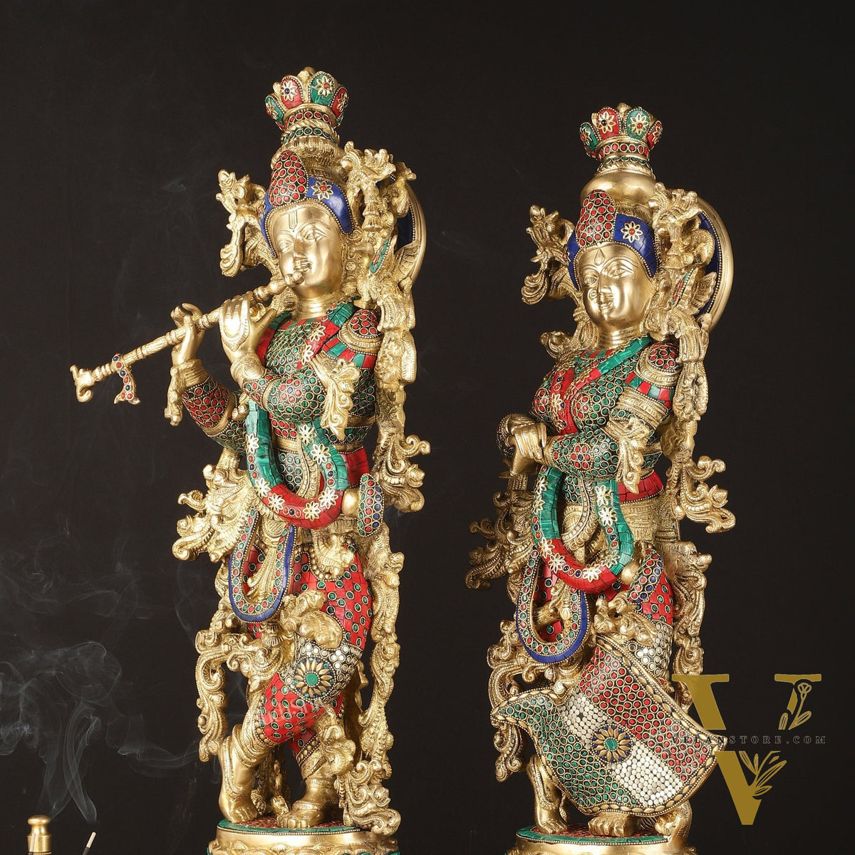 Pure Brass Radha Krishna Idols with Stonework | 30"