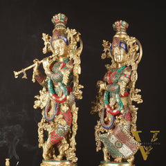 Pure Brass Radha Krishna Idols with Stonework | 30"