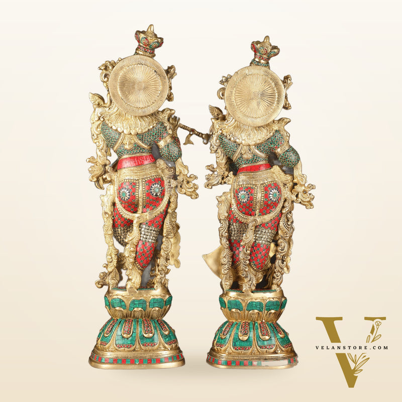 Pure Brass Radha Krishna Idols with Stonework | 30"