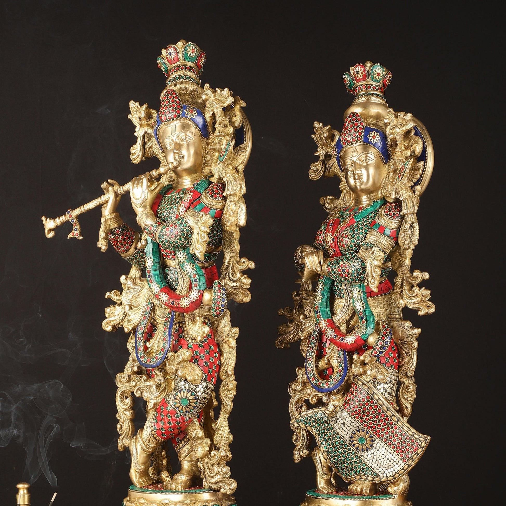 Pure Brass Radha Krishna Idols with Stonework | 30"