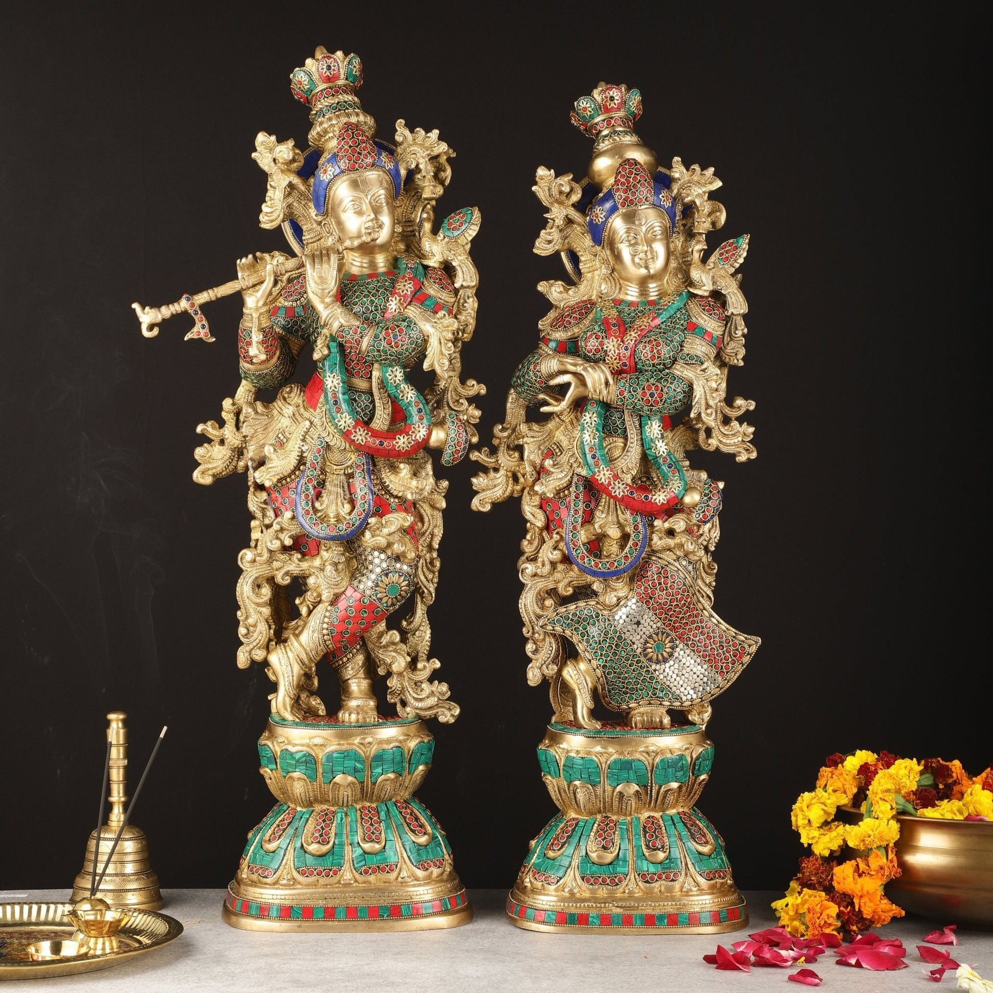 Pure Brass Radha Krishna Idols with Stonework | 30"
