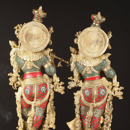 Pure Brass Radha Krishna Idols with Stonework | 30"