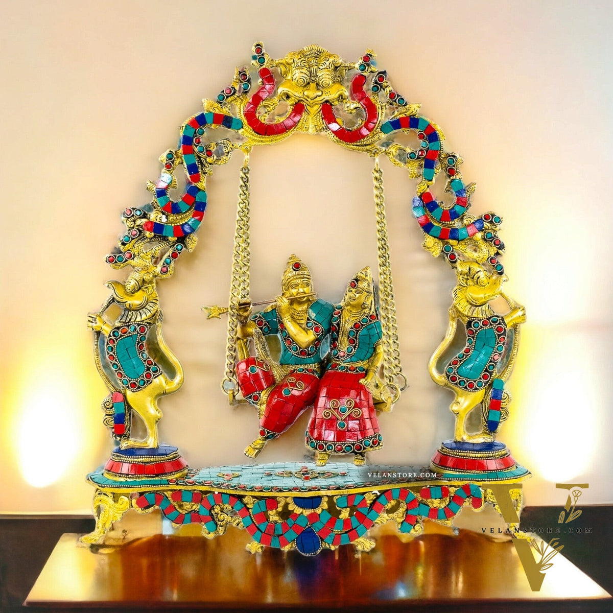Pure Brass Radha Krishna on Swing - Handcrafted with Natural Stones 18 inch