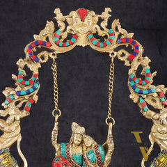 Pure Brass Radha Krishna on Swing - Handcrafted with Natural Stones 18 inch