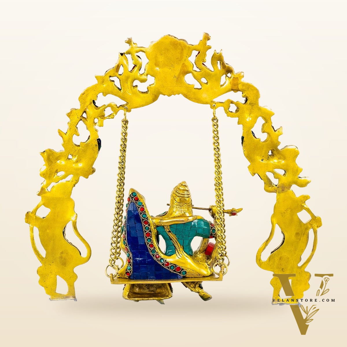 Pure Brass Radha Krishna on Swing - Handcrafted with Natural Stones 18 inch