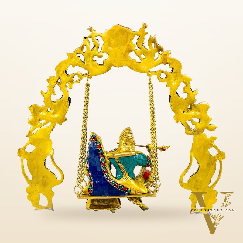 Pure Brass Radha Krishna on Swing - Handcrafted with Natural Stones 18 inch