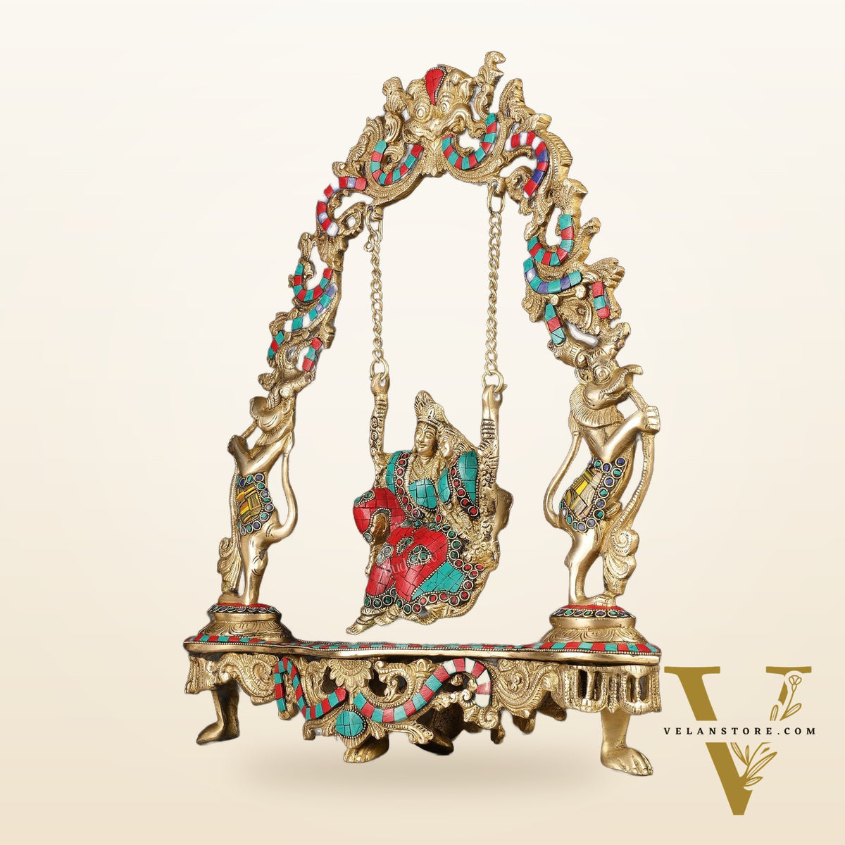 Pure Brass Radha Krishna on Swing - Handcrafted with Natural Stones 18 inch