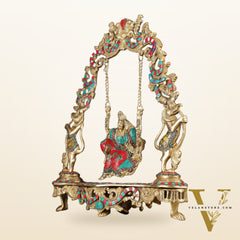 Pure Brass Radha Krishna on Swing - Handcrafted with Natural Stones 18 inch