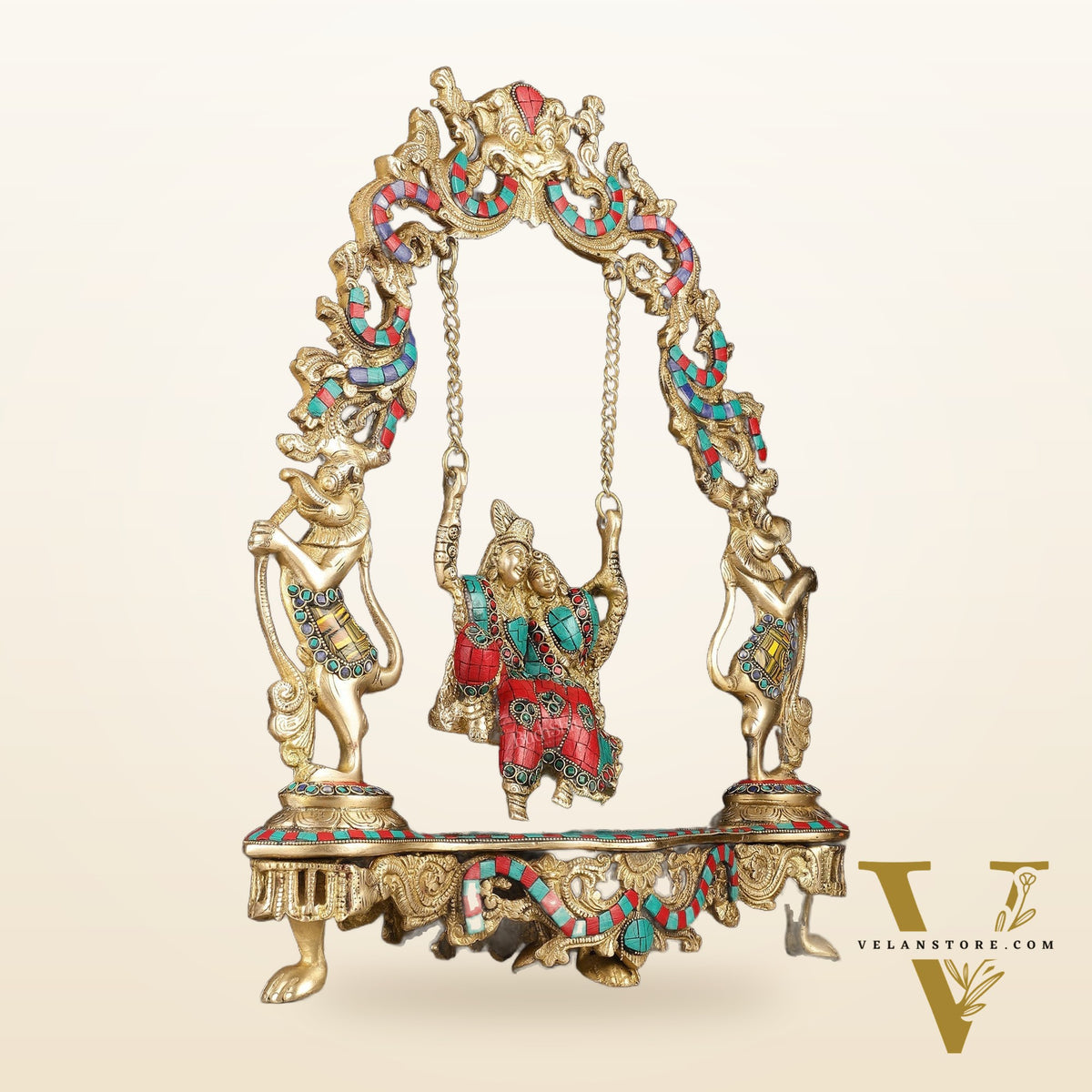 Pure Brass Radha Krishna on Swing - Handcrafted with Natural Stones 18 inch