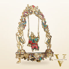 Pure Brass Radha Krishna on Swing - Handcrafted with Natural Stones 18 inch