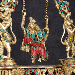 Pure Brass Radha Krishna on Swing - Handcrafted with Natural Stones 18 inch