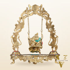 Pure Brass Radha Krishna on Swing - Handcrafted with Natural Stones 18 inch