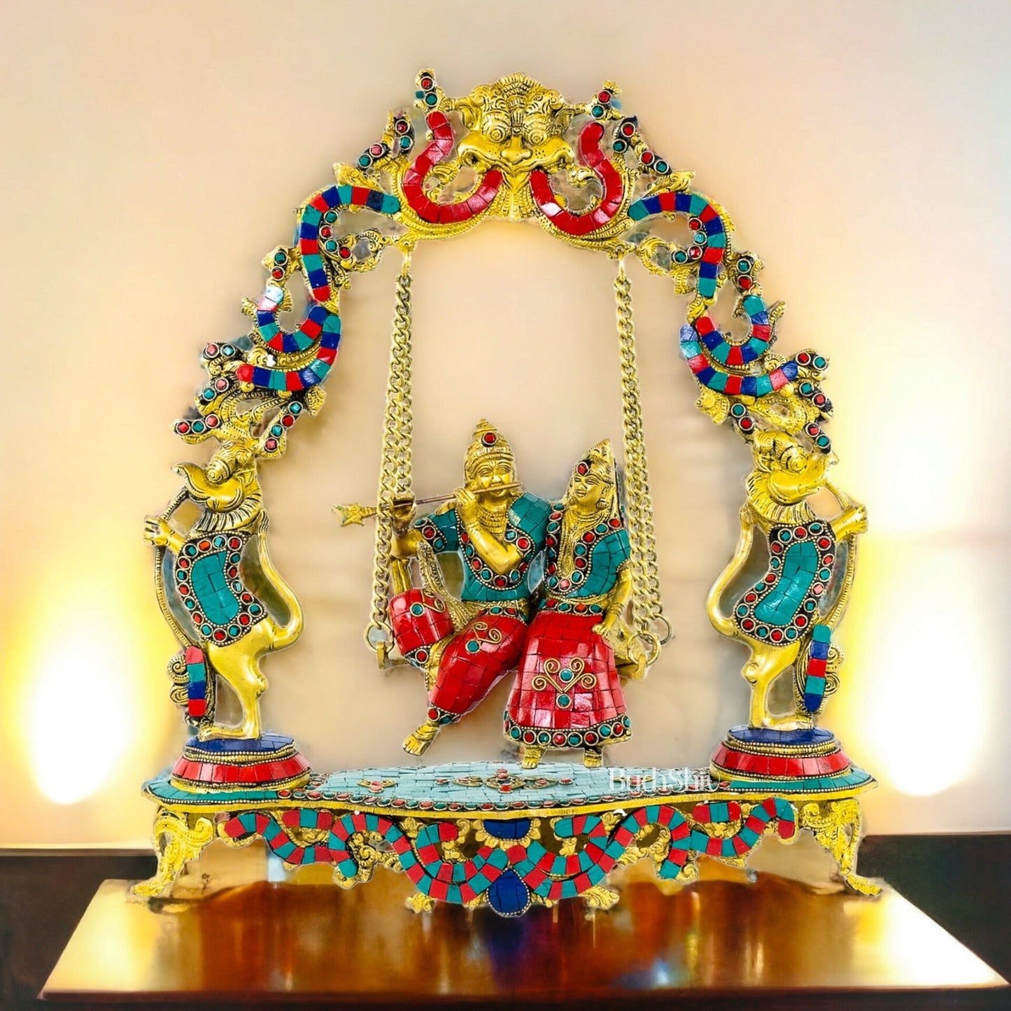Pure Brass Radha Krishna on Swing - Handcrafted with Natural Stones 18 inch